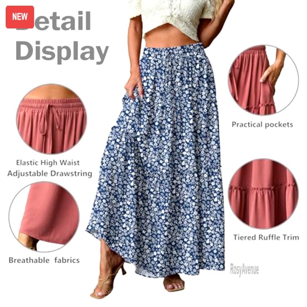 High Waisted Maxi Skirt with Pockets, Flowy Boho Floral Tiered Design for Summer - Picture 4 of 7